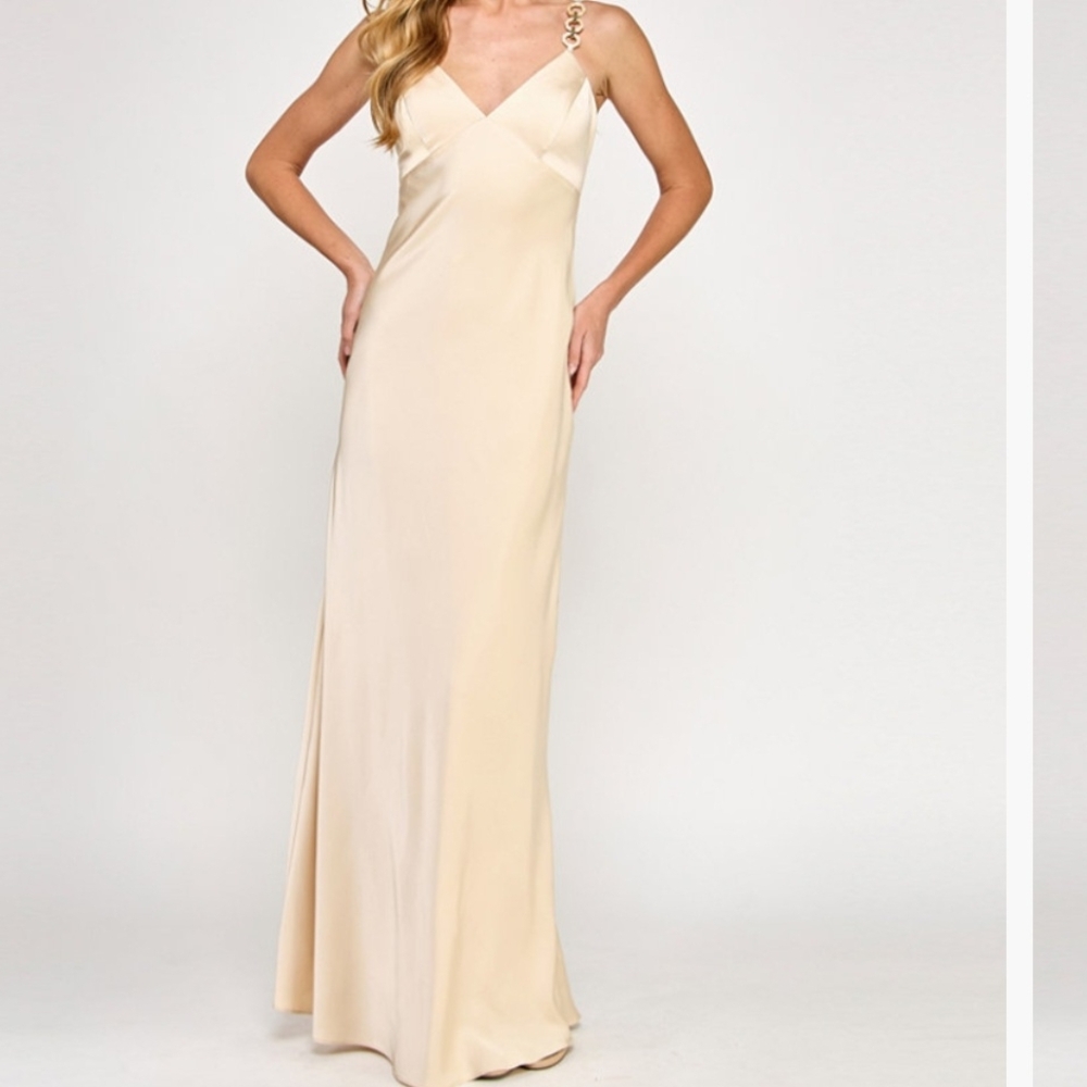 Strapless Cream Maxi Slip Dress with Chain Detail